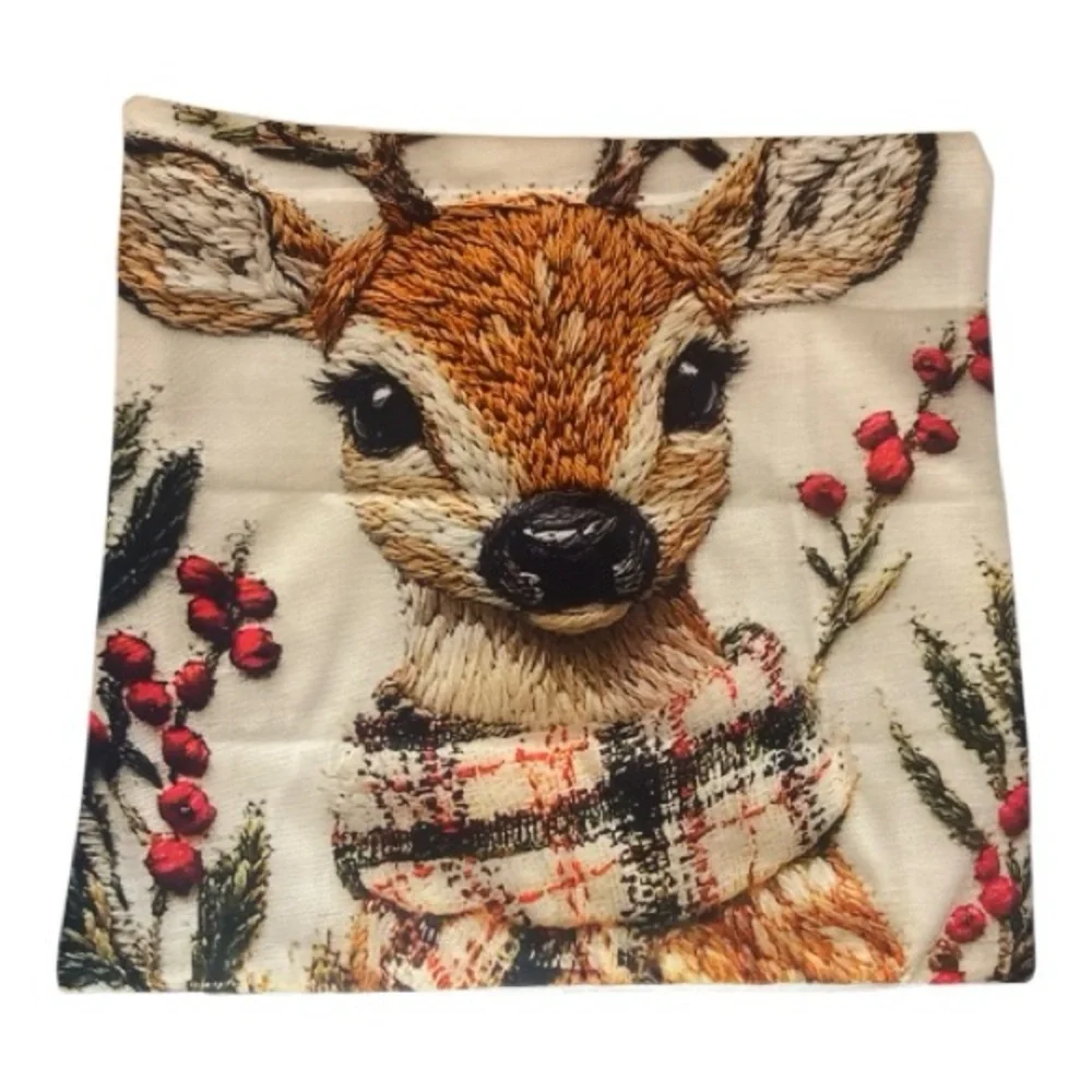 Winter Christmas Reindeer With Scarf Pillow Cover‎ 18x18 - Not 3D or Stitched